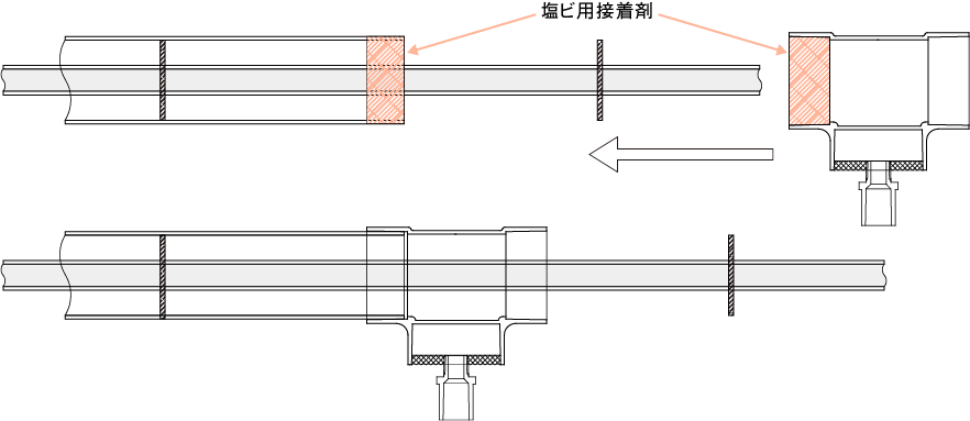 チーズドレンバルブの直管途中部分での接続手順